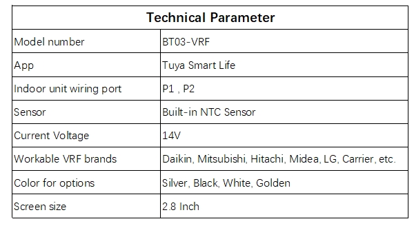 VRF thermostat parameter